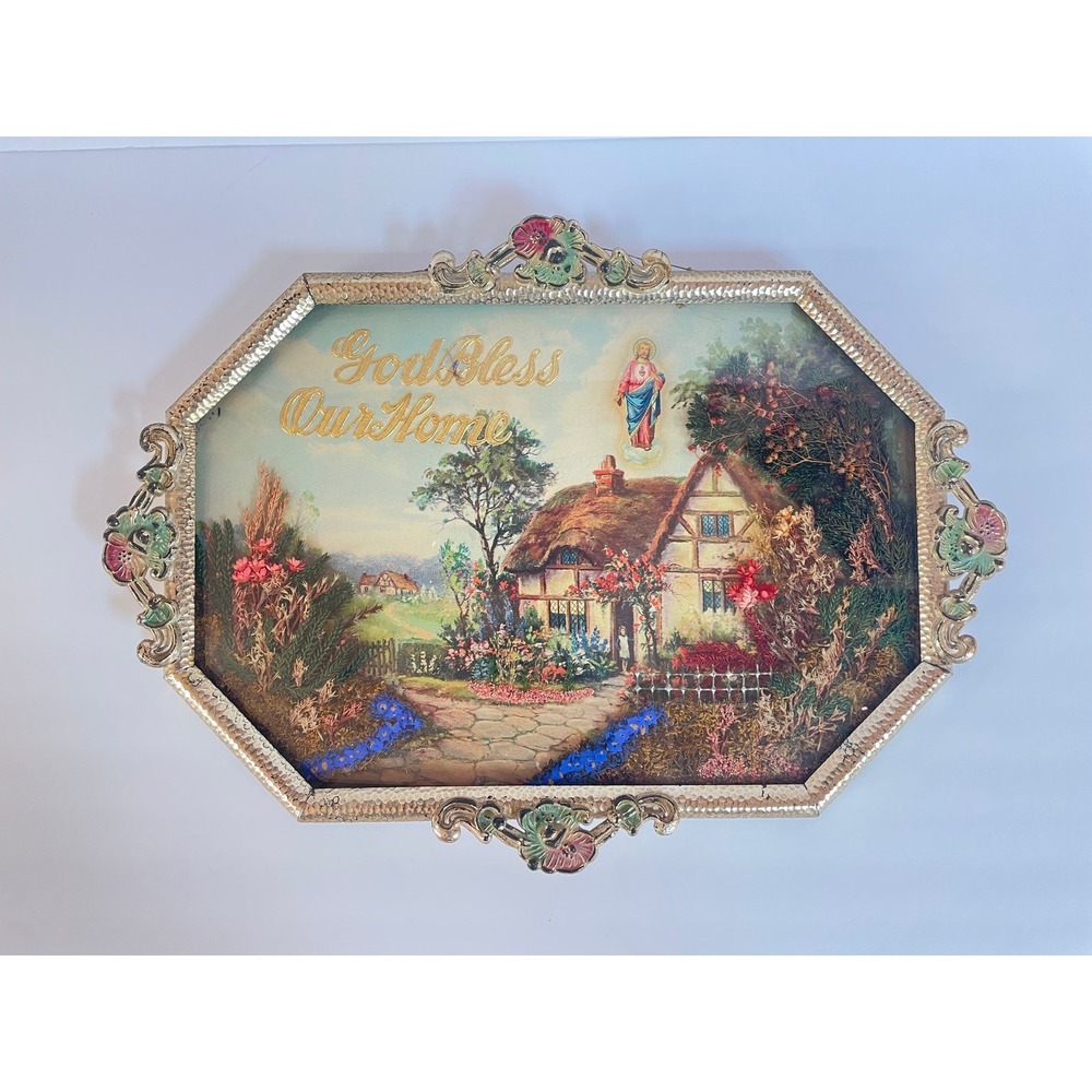Vintage Diorama Dried Flower Shadow Box Religious Jesus, Gold Filigree Frame